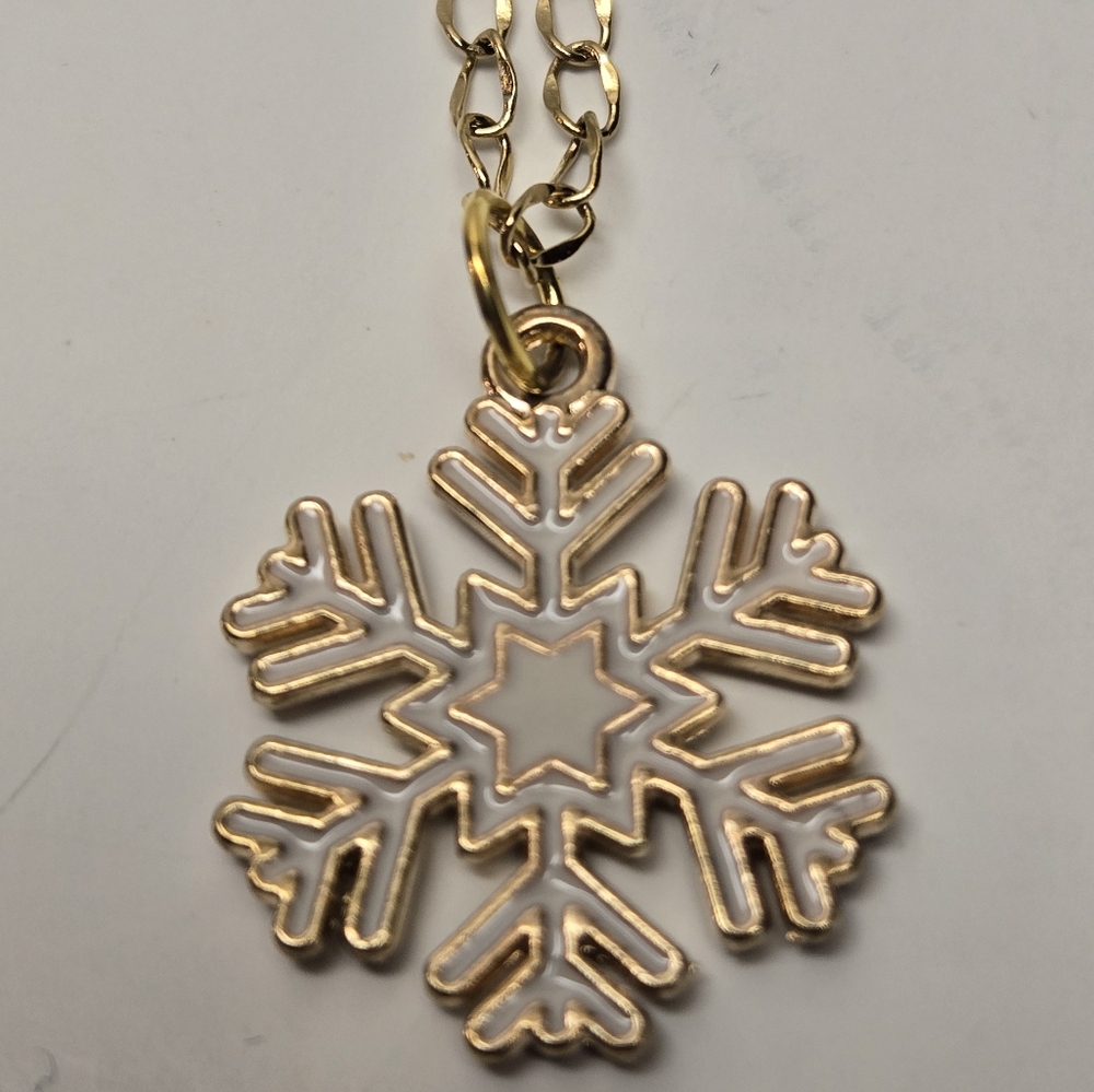Gold and White Snowflake Charm Necklace